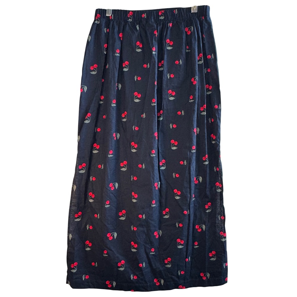 Gap Navy Cherry Print Linen Blend Maxi Skirt Pull On Side Slit S Cottagecore - Picture 2 of 8